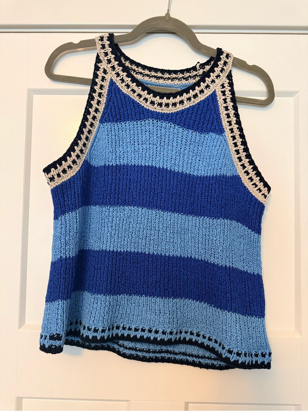 NIC+ZOE Blue Striped Crochet Sweater Tank with Cream Trim Large NWT
